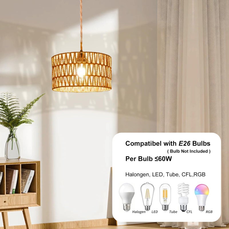 Maliralt Hanging Lamps Rattan Pendant Light Hanging Lights 16.4ft Plug in Cord Pendant Light Fixture Plug Into Wall Outlet Pendant Lighting with On Off Switch for Bedroom Living (Cylindrical Shade) - Image 4