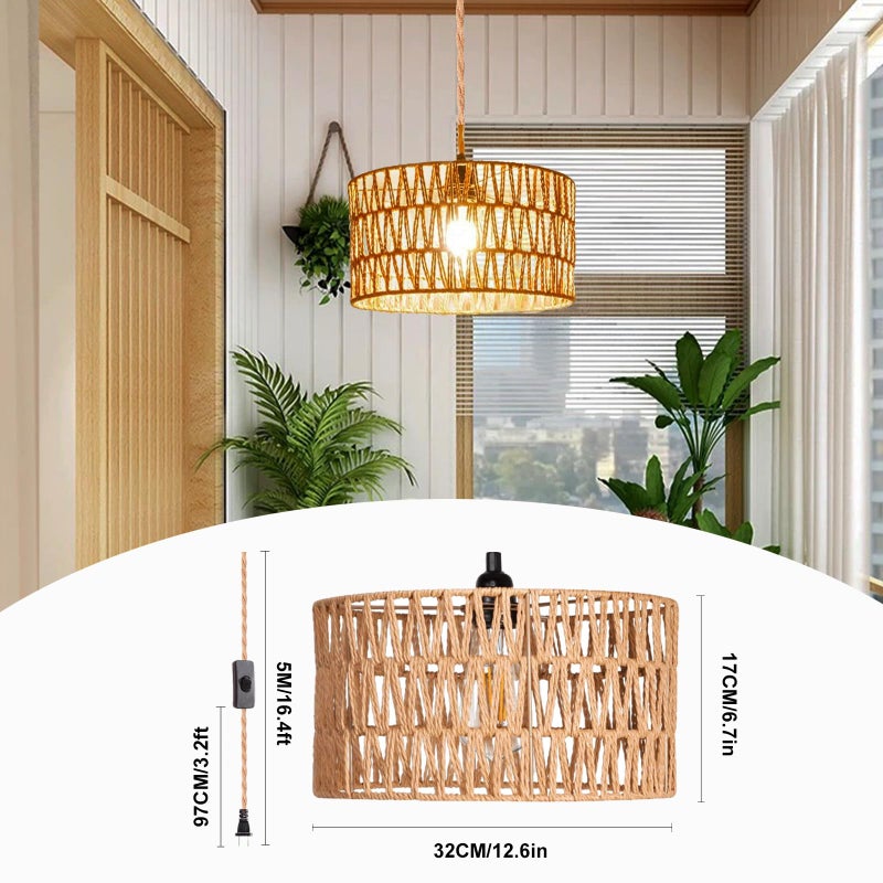 Maliralt Hanging Lamps Rattan Pendant Light Hanging Lights 16.4ft Plug in Cord Pendant Light Fixture Plug Into Wall Outlet Pendant Lighting with On Off Switch for Bedroom Living (Cylindrical Shade) - Image 2