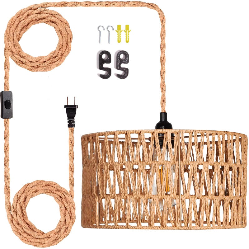 Maliralt Hanging Lamps Rattan Pendant Light Hanging Lights 16.4ft Plug in Cord Pendant Light Fixture Plug Into Wall Outlet Pendant Lighting with On Off Switch for Bedroom Living (Cylindrical Shade) - Image 1