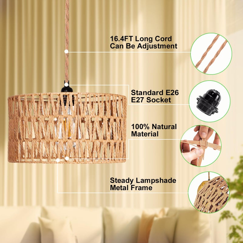Maliralt Hanging Lamps Rattan Pendant Light Hanging Lights 16.4ft Plug in Cord Pendant Light Fixture Plug Into Wall Outlet Pendant Lighting with On Off Switch for Bedroom Living (Cylindrical Shade) - Image 3