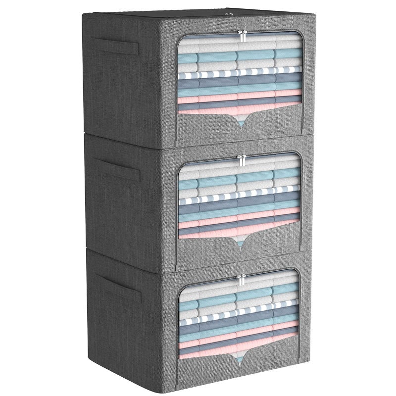 3 Pack Clothes Storage Bins  Foldable Metal Frame Storage Box  Stackable Linen Fabric Container Organizer Set with Carrying Handles and Clear Window Dark Gray 197x157x13inch66L