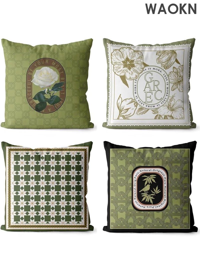 دبليو أيه أو كي أن مجموعة من 4 أغطية وسائد خضراء، 45 × 45 سم، بتصميم بنمط عتيق، أغطية وسائد ناعمة مزدوجة الجوانب، غطاء وسادة مربع لغرف المعيشة والمقاعد والأسرة والكراسي، وسادة مزخرفة بسحاب - Image 1