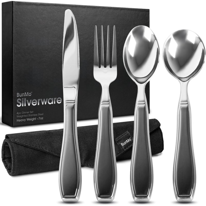 BUNMO Utensils for Elderly Arthritis Weak Hand Grip Handicapped Convenient Travel Pouch for Tremors and Parkinsons Patients Stainless Steel Eat Independently Weighted 4 Piece Set