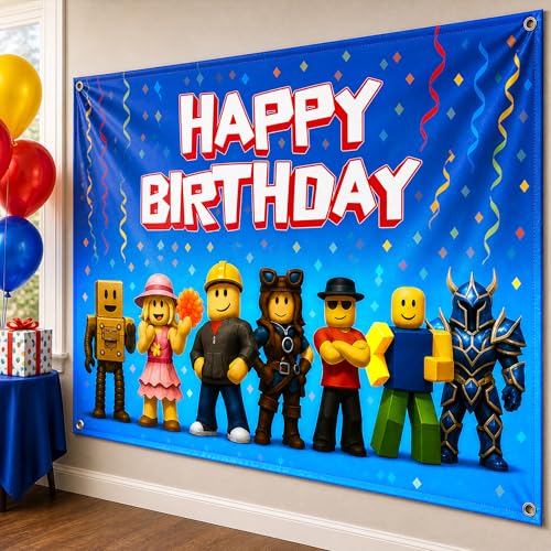 IndoTribe Video Game Birthday Decorations Happy Birthday Banner for Boys 6x4ft Pixel Backdrop Villager Gaming Birthday Party Decorations Video Game Backdrop for Kids Miner Boys Birthday Party Decorations - Image 2