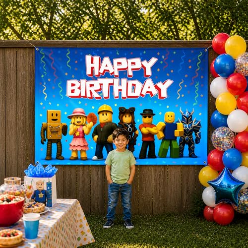 IndoTribe Video Game Birthday Decorations Happy Birthday Banner for Boys 6x4ft Pixel Backdrop Villager Gaming Birthday Party Decorations Video Game Backdrop for Kids Miner Boys Birthday Party Decorations - Image 5