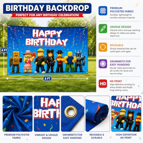 IndoTribe Video Game Birthday Decorations Happy Birthday Banner for Boys 6x4ft Pixel Backdrop Villager Gaming Birthday Party Decorations Video Game Backdrop for Kids Miner Boys Birthday Party Decorations - Image 4