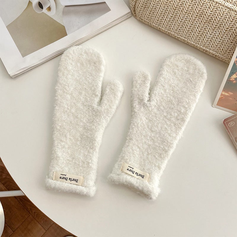 Casual new solid color personalized plush warm mittens winter cold-proof comfortable printed woven label curly gloves White