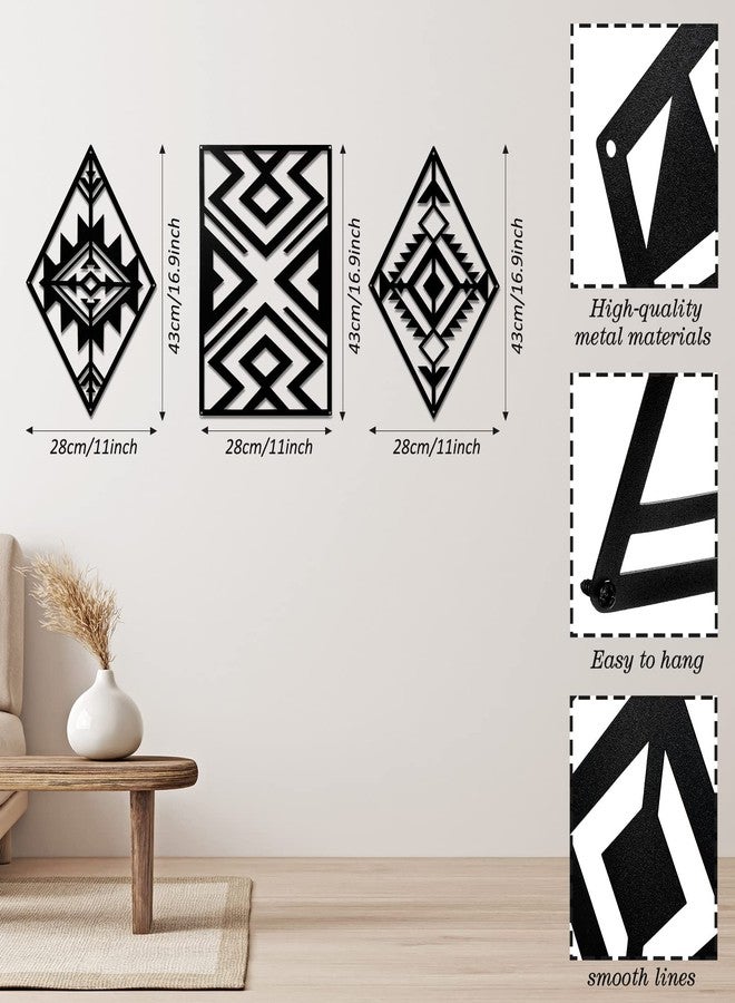 Pelopy 3 Pcs Metal Aztec Wall Decor Geometric Farmhouse Wall Art 16.93 x 11 Inch Boho Western Bathroom Decor Southwestern Rectangle Diamond Frame Hanging for Bedroom, Black(Boho) - Image 2