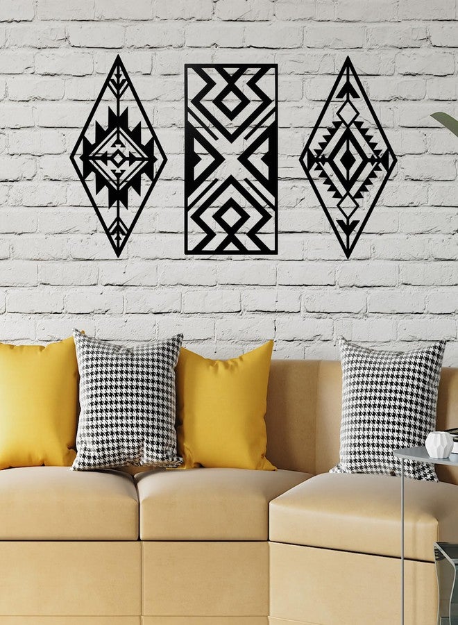 Pelopy 3 Pcs Metal Aztec Wall Decor Geometric Farmhouse Wall Art 16.93 x 11 Inch Boho Western Bathroom Decor Southwestern Rectangle Diamond Frame Hanging for Bedroom, Black(Boho) - Image 1