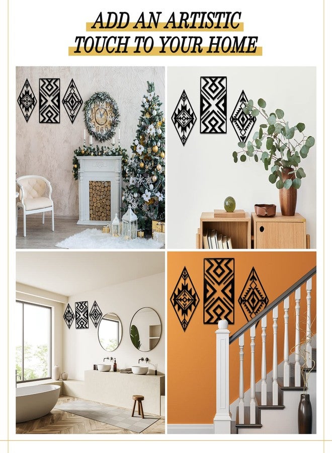 Pelopy 3 Pcs Metal Aztec Wall Decor Geometric Farmhouse Wall Art 16.93 x 11 Inch Boho Western Bathroom Decor Southwestern Rectangle Diamond Frame Hanging for Bedroom, Black(Boho) - Image 3