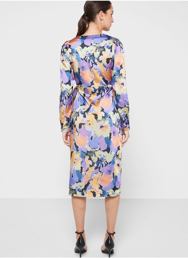 YAS - Floral Print Surplice Neck Dress - Image 1