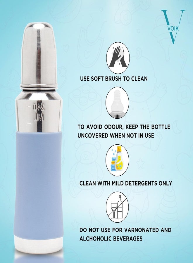 VOIK Baby Feeding Bottle 240ML in Blue Color | Stainless Steel Simple Bottle | Hygienic Silicone Teat | Feeding Bottle for New Born Baby BPA Free - Image 3