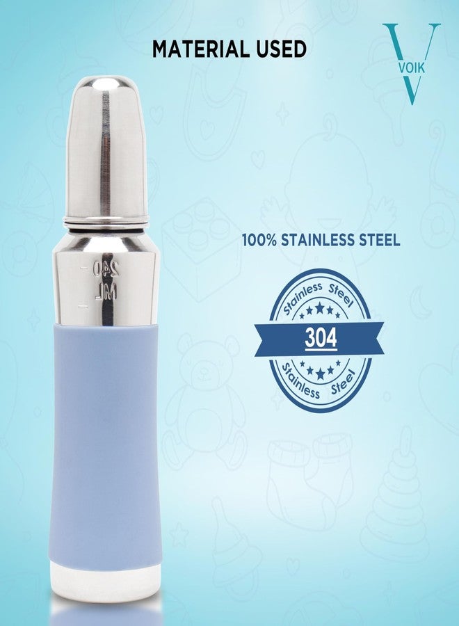 VOIK Baby Feeding Bottle 240ML in Blue Color | Stainless Steel Simple Bottle | Hygienic Silicone Teat | Feeding Bottle for New Born Baby BPA Free - Image 2