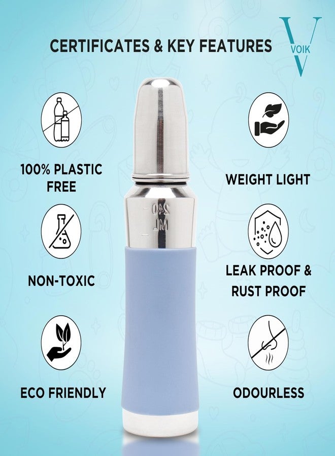 VOIK Baby Feeding Bottle 240ML in Blue Color | Stainless Steel Simple Bottle | Hygienic Silicone Teat | Feeding Bottle for New Born Baby BPA Free - Image 5