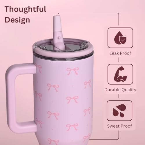 vaanshie Christmas Gift for Girlfriend - 40 oz Coquette Bow Tumbler with Handles & Straw Lid, Insulated Travel Coffee Mug, Leak Proof, Stainless Steel Cup with Cleaner for Women, Birthday Gift (Pink) - Image 3