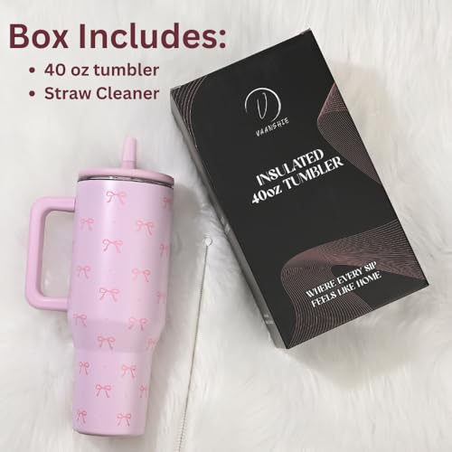 vaanshie Christmas Gift for Girlfriend - 40 oz Coquette Bow Tumbler with Handles & Straw Lid, Insulated Travel Coffee Mug, Leak Proof, Stainless Steel Cup with Cleaner for Women, Birthday Gift (Pink) - Image 2