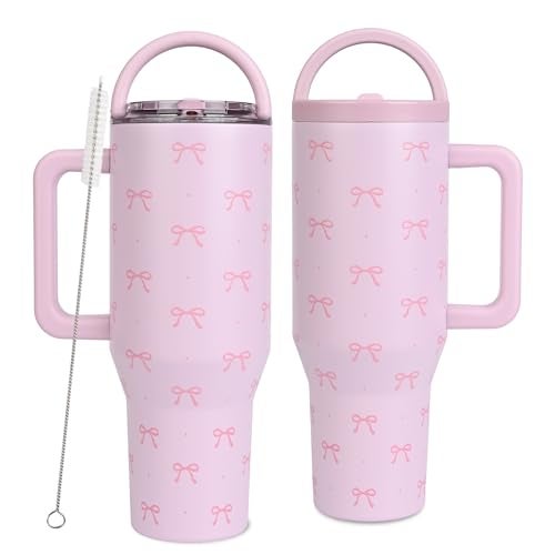 vaanshie Christmas Gift for Girlfriend - 40 oz Coquette Bow Tumbler with Handles & Straw Lid, Insulated Travel Coffee Mug, Leak Proof, Stainless Steel Cup with Cleaner for Women, Birthday Gift (Pink) - Image 1