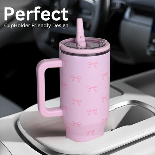 vaanshie Christmas Gift for Girlfriend - 40 oz Coquette Bow Tumbler with Handles & Straw Lid, Insulated Travel Coffee Mug, Leak Proof, Stainless Steel Cup with Cleaner for Women, Birthday Gift (Pink) - Image 5
