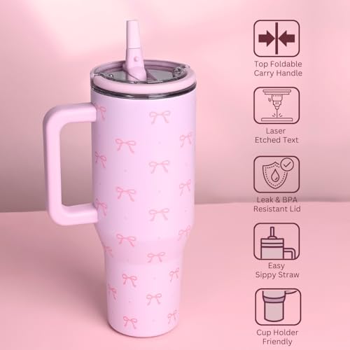 vaanshie Christmas Gift for Girlfriend - 40 oz Coquette Bow Tumbler with Handles & Straw Lid, Insulated Travel Coffee Mug, Leak Proof, Stainless Steel Cup with Cleaner for Women, Birthday Gift (Pink) - Image 4