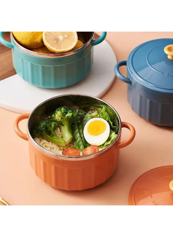 1Pc Blue Candy Color Noodle Bowl Microwave Heatable Stainless Steel Stockpot With Lid Modern Double Ear Soup Bowls Kitchen Essentials Meal Prep Container - Image 2