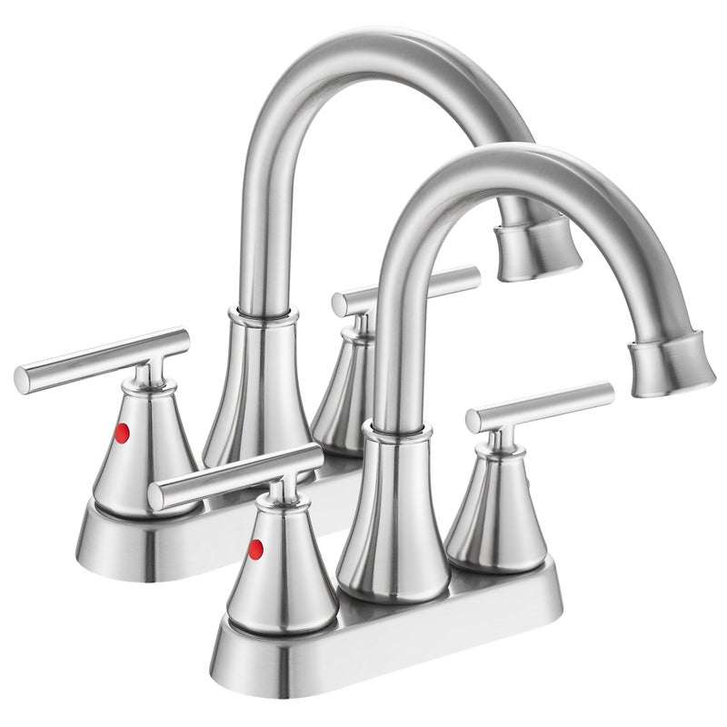 Bathroom Sink Faucet 4 Inch 2 Handle Centerset Brushed Nickel Lead-Free Modern Bathroom Faucet Vanity Faucet with Pop-up Drain Stopper and Supply Hoses(Set of 2)