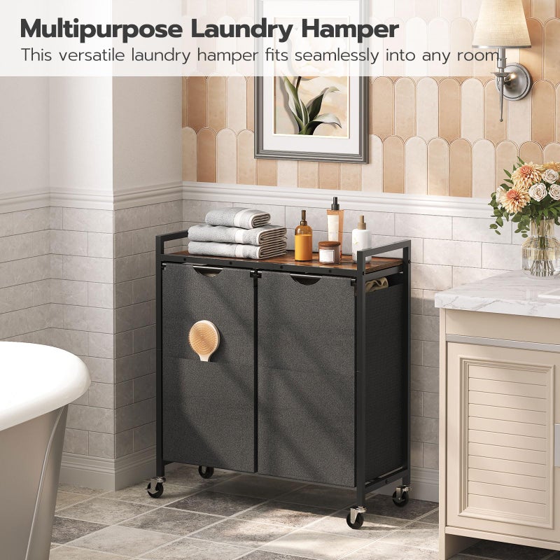 HOOBRO Laundry Hamper, Laundry Sorter 2 Section, 2 Ã— 13 Gal (49.5L), Laundry Basket with Wheels, Rolling Cart, Pull-Out and Removable Oxford Fabric Bags, Rustic Brown and Black BF72XY01 - Image 2