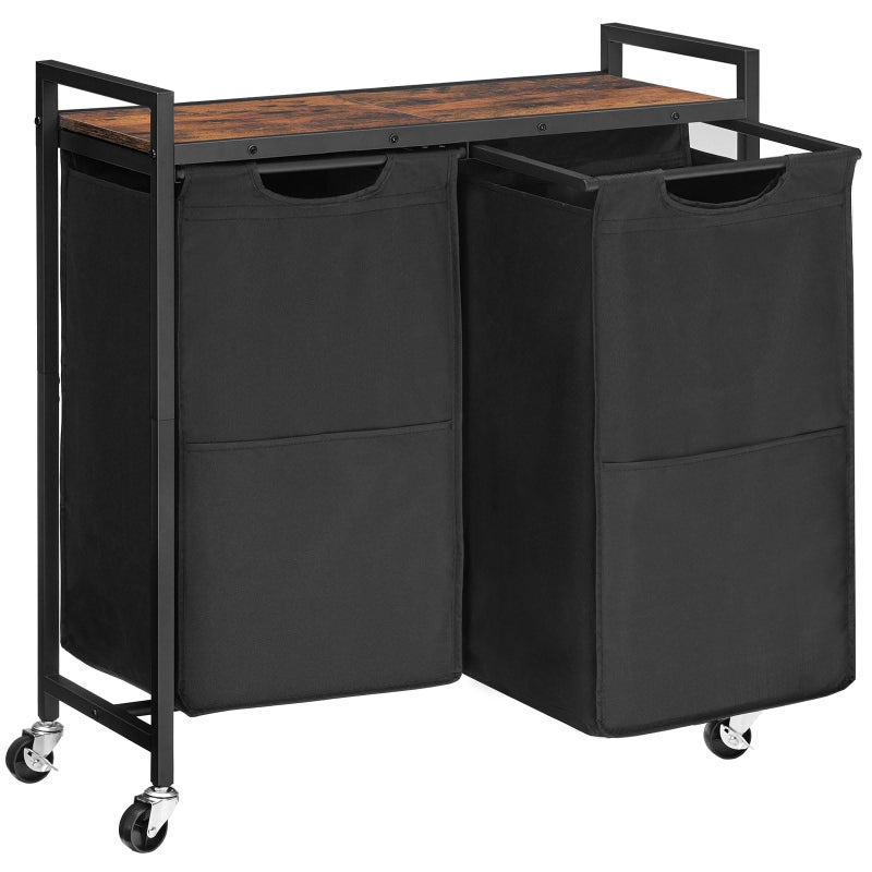 HOOBRO Laundry Hamper, Laundry Sorter 2 Section, 2 Ã— 13 Gal (49.5L), Laundry Basket with Wheels, Rolling Cart, Pull-Out and Removable Oxford Fabric Bags, Rustic Brown and Black BF72XY01 - Image 1