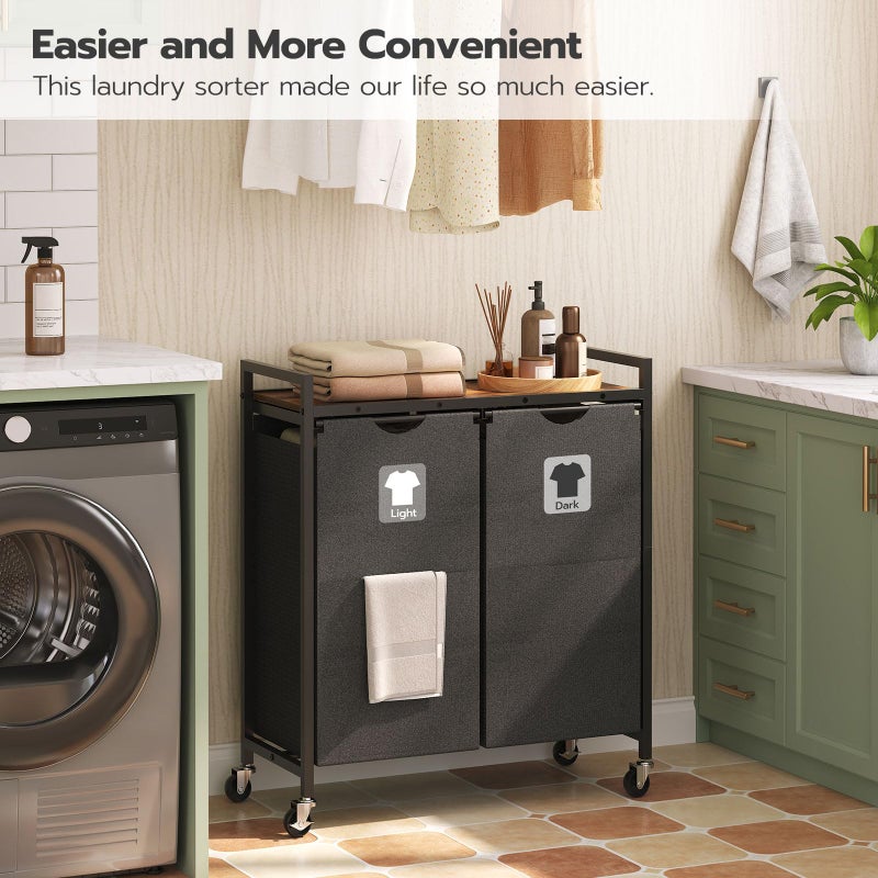HOOBRO Laundry Hamper, Laundry Sorter 2 Section, 2 Ã— 13 Gal (49.5L), Laundry Basket with Wheels, Rolling Cart, Pull-Out and Removable Oxford Fabric Bags, Rustic Brown and Black BF72XY01 - Image 4