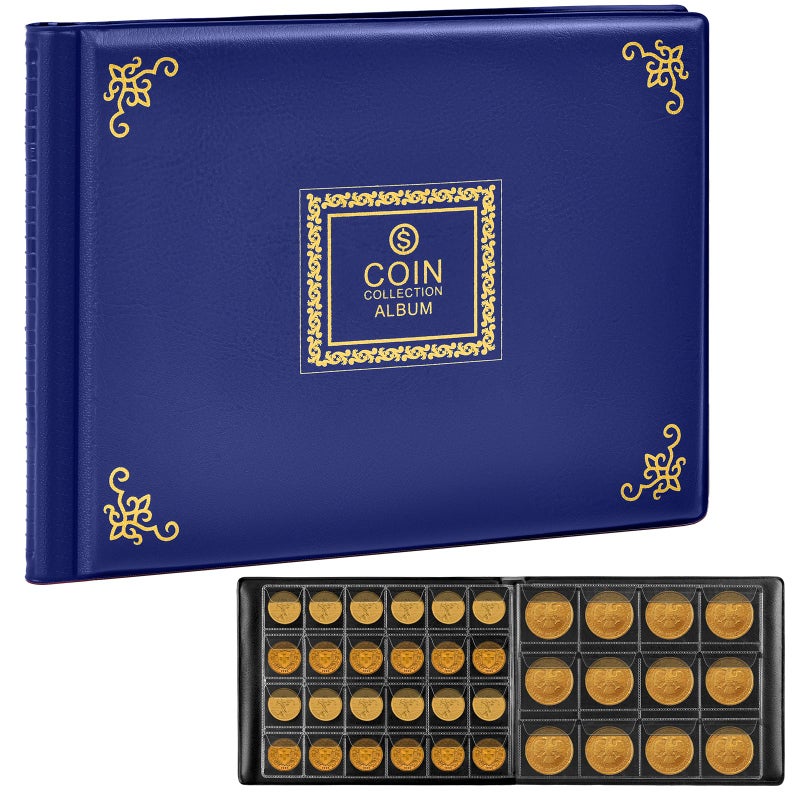 Aptbyte Coin Collection Supplies Holder Book for Collectors, 300 Pockets Coin Collection Organizer Storage Box Case Album for 20/25/ 27/30/ 38mm Coins (Vintage pattern blue) - Image 1