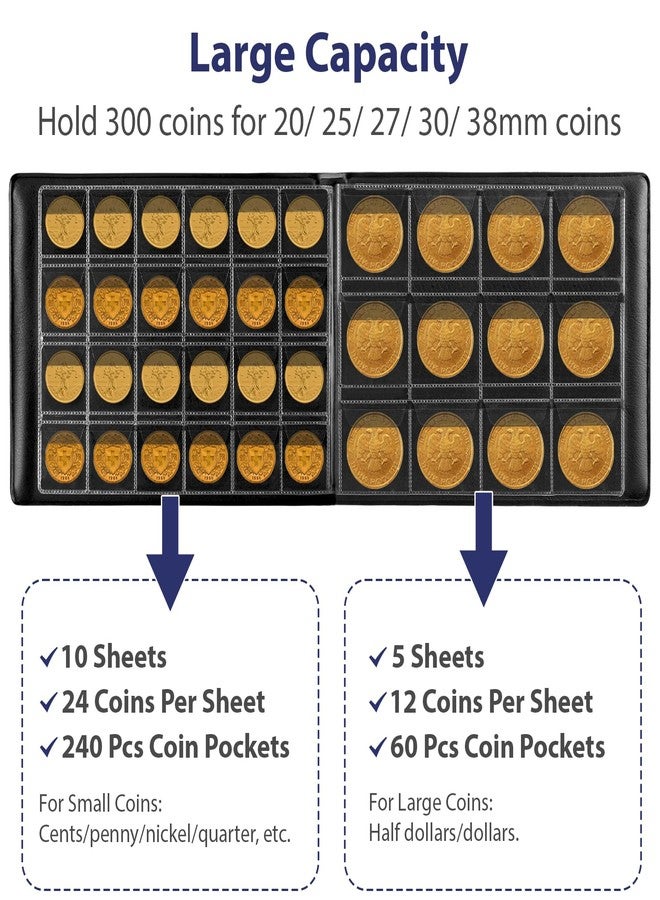 Aptbyte Coin Collection Supplies Holder Book for Collectors, 300 Pockets Coin Collection Organizer Storage Box Case Album for 20/25/ 27/30/ 38mm Coins (Vintage pattern blue) - Image 2