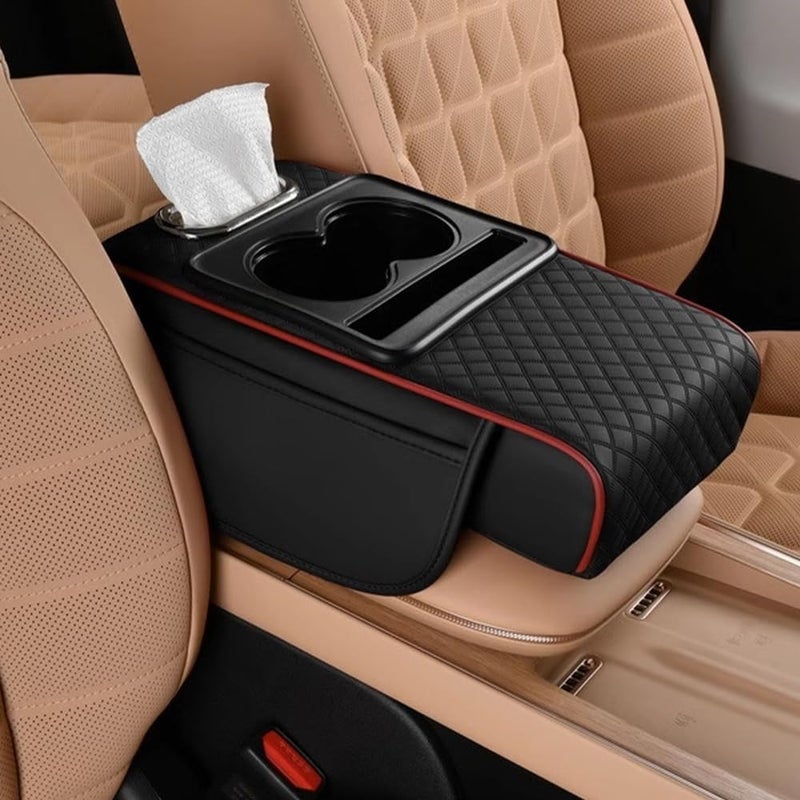 Vixplorn 4-in-1 Car Armrest Storage Compartment with Cup Holder and Tissue Box Slot (Black-Red) - Image 1
