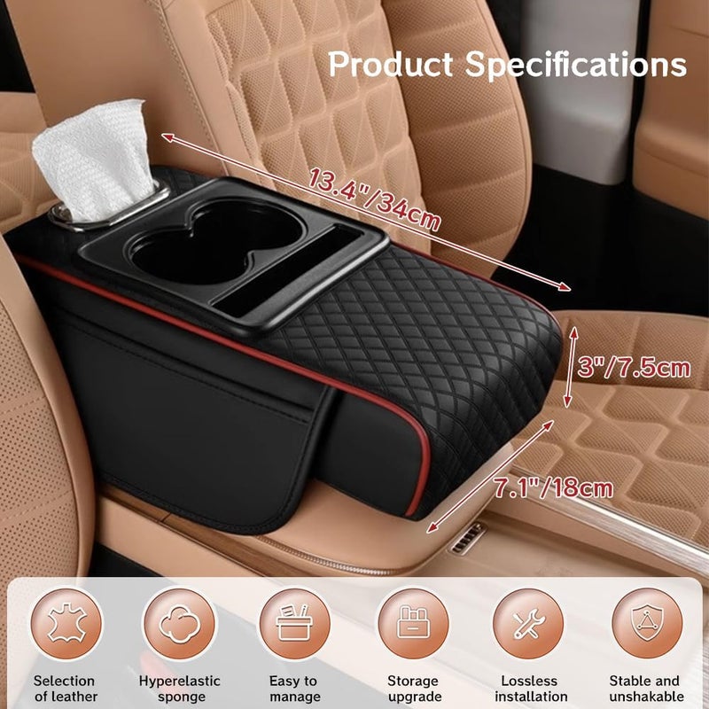 Vixplorn 4-in-1 Car Armrest Storage Compartment with Cup Holder and Tissue Box Slot (Black-Red) - Image 2