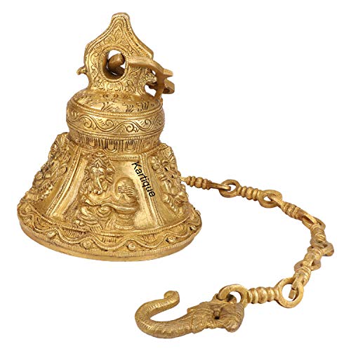 Kartique Brass Ganesha Bell with Chain | 6.5 Height | 32" Chain Length | Antique Golden Finish | Ideal for Temples, Home Decor, and Gifting - Image 2