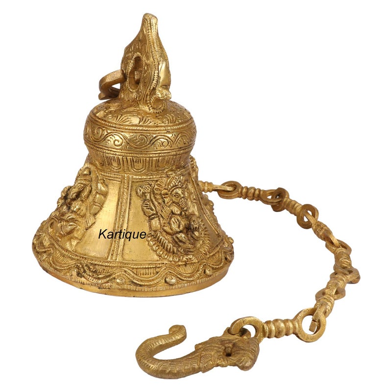 Kartique Brass Ganesha Bell with Chain | 6.5 Height | 32" Chain Length | Antique Golden Finish | Ideal for Temples, Home Decor, and Gifting - Image 4