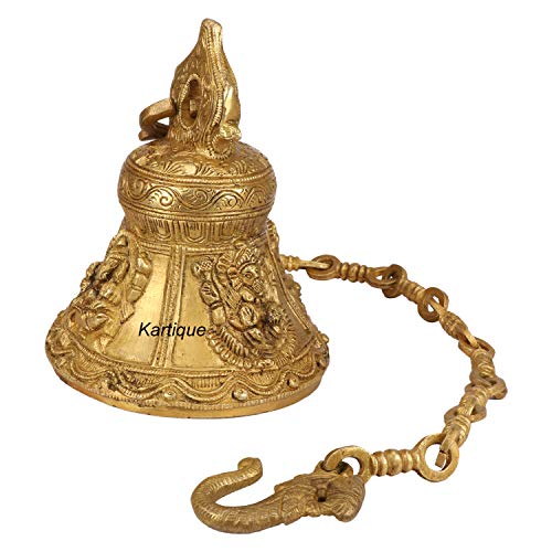 Kartique Brass Ganesha Bell with Chain | 6.5 Height | 32" Chain Length | Antique Golden Finish | Ideal for Temples, Home Decor, and Gifting - Image 1