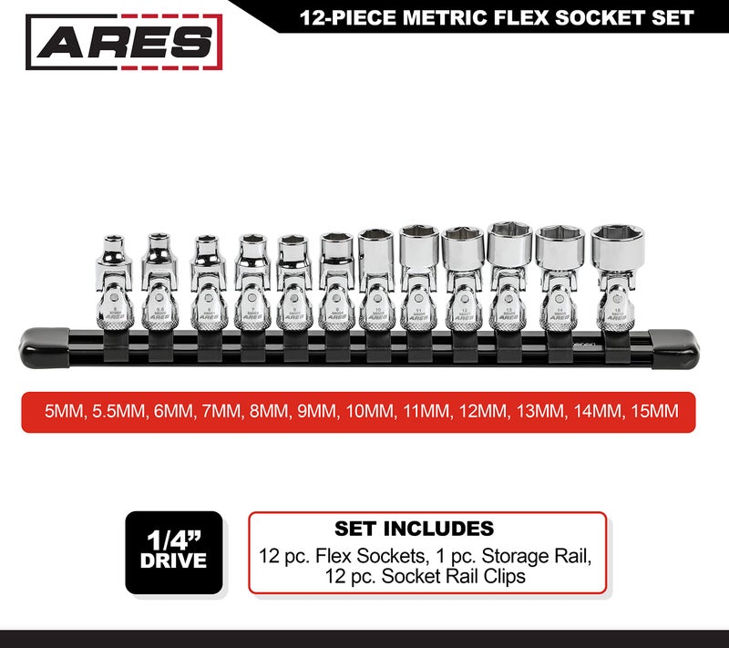 ARES ARES 39009-12-Piece 1/4-Inch Drive Metric Flex Socket Set - 6 Point Sockets Constructed From Premium Heat Treated Chrome Vanadium Steel - Storage Rail Included  - Image 2