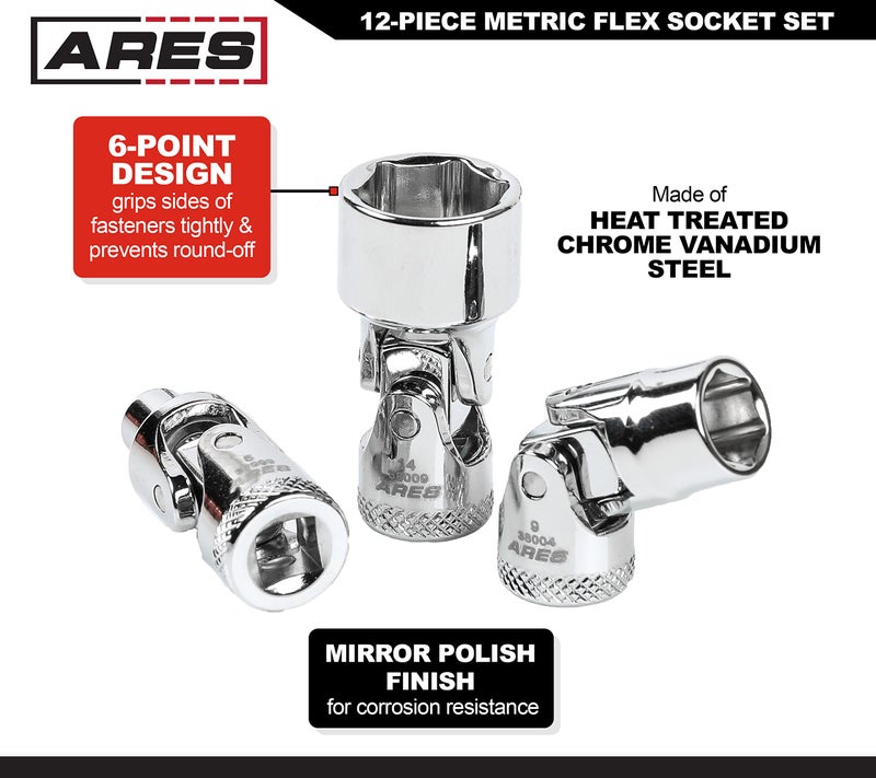 ARES ARES 39009-12-Piece 1/4-Inch Drive Metric Flex Socket Set - 6 Point Sockets Constructed From Premium Heat Treated Chrome Vanadium Steel - Storage Rail Included  - Image 3