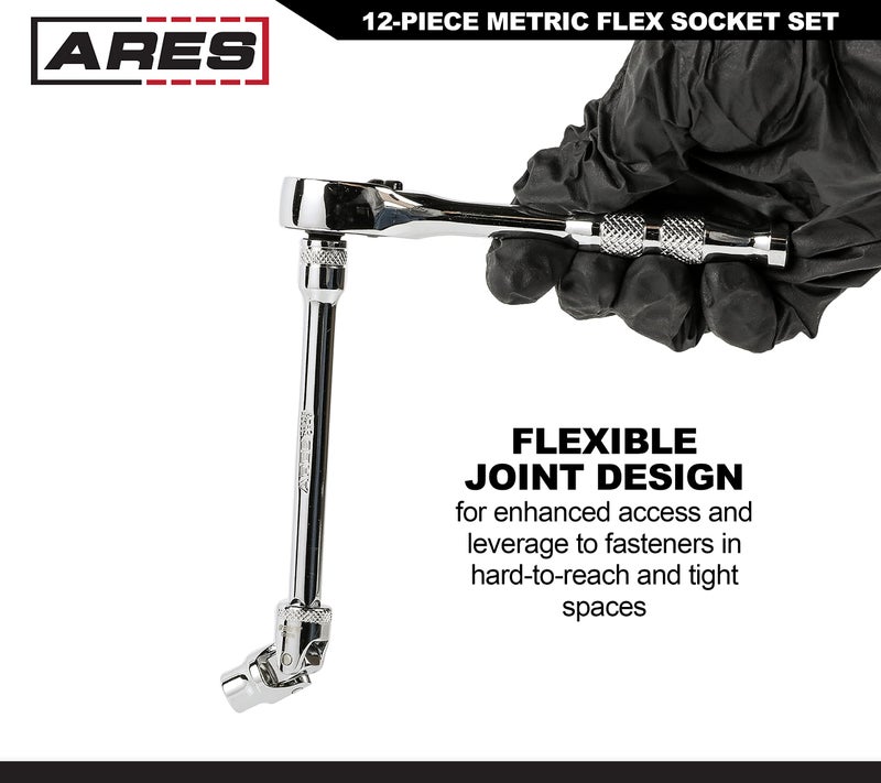ARES ARES 39009-12-Piece 1/4-Inch Drive Metric Flex Socket Set - 6 Point Sockets Constructed From Premium Heat Treated Chrome Vanadium Steel - Storage Rail Included  - Image 4