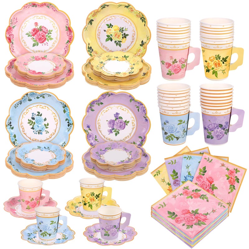 Kochorie 96 Piece Floral Paper Tea Cups and Saucers 9 Oz Teacup with Handle 9 Inch and 7 Inch Paper Plate Napkin Disposable Tea Party Supplies Serve 24 for Wedding Birthday  Pink  Blue  Yellow  Purple - Image 1