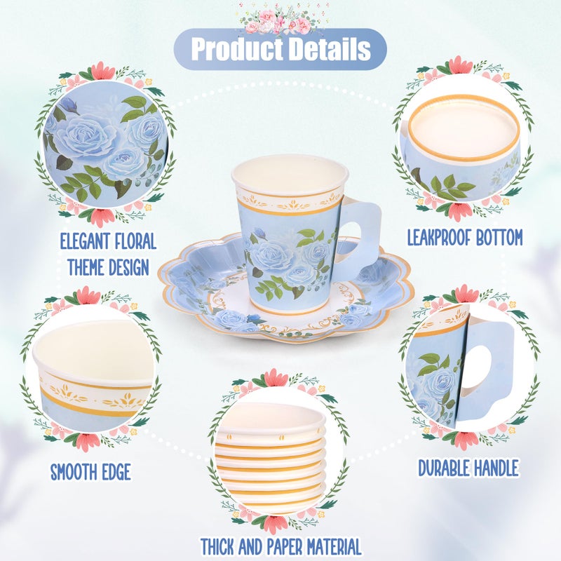 Kochorie 96 Piece Floral Paper Tea Cups and Saucers 9 Oz Teacup with Handle 9 Inch and 7 Inch Paper Plate Napkin Disposable Tea Party Supplies Serve 24 for Wedding Birthday  Pink  Blue  Yellow  Purple - Image 3