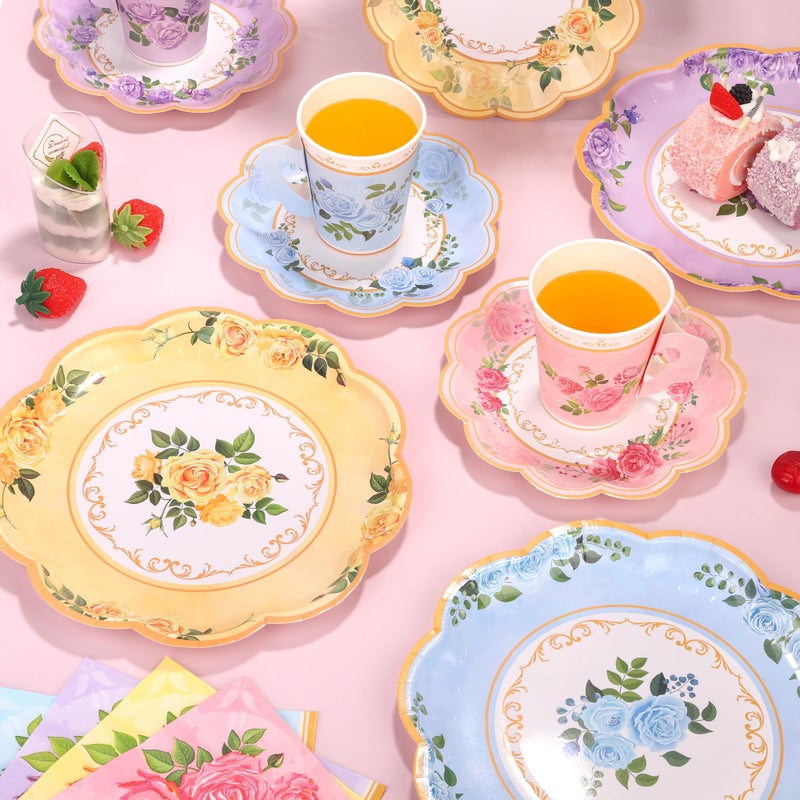 Kochorie 96 Piece Floral Paper Tea Cups and Saucers 9 Oz Teacup with Handle 9 Inch and 7 Inch Paper Plate Napkin Disposable Tea Party Supplies Serve 24 for Wedding Birthday  Pink  Blue  Yellow  Purple - Image 5