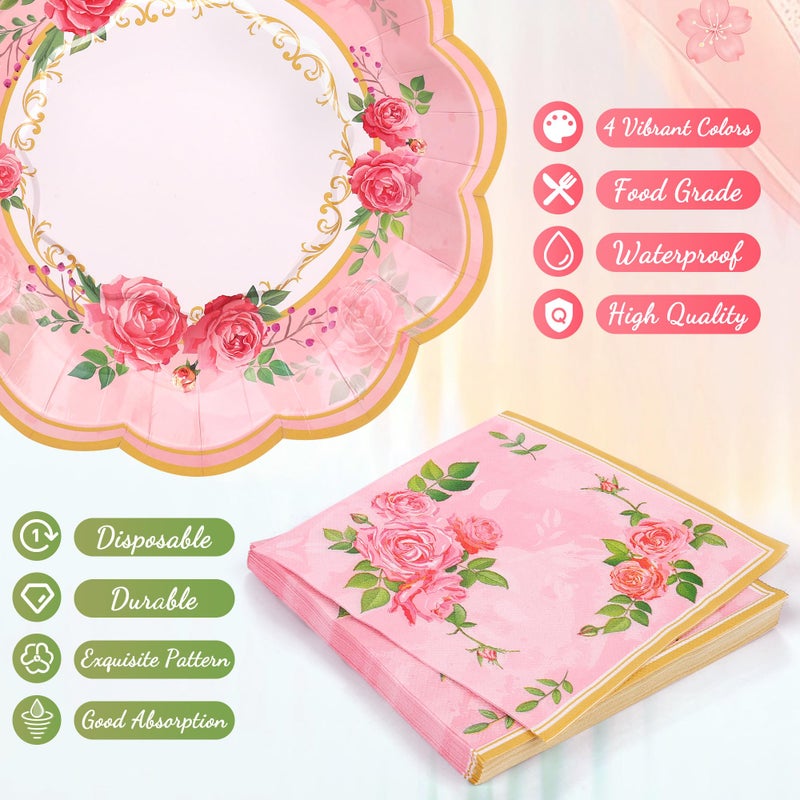 Kochorie 96 Piece Floral Paper Tea Cups and Saucers 9 Oz Teacup with Handle 9 Inch and 7 Inch Paper Plate Napkin Disposable Tea Party Supplies Serve 24 for Wedding Birthday  Pink  Blue  Yellow  Purple - Image 4