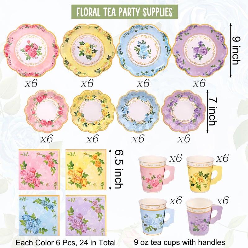 Kochorie 96 Piece Floral Paper Tea Cups and Saucers 9 Oz Teacup with Handle 9 Inch and 7 Inch Paper Plate Napkin Disposable Tea Party Supplies Serve 24 for Wedding Birthday  Pink  Blue  Yellow  Purple - Image 2