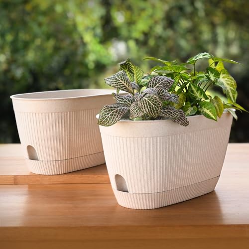 Eha Earth Friendly Eva 11.5 inch Self Watering Pots for Plants | Bamboo Based Plant Pots | Pack of 2 | UV Protected Planters for Home décor Indoor, Outdoor, Balcony & Garden Flower pots | Sand Castle - Image 1
