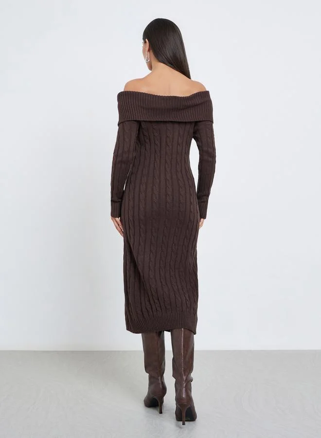 Styli Styli Brown Cable Knit Sweater Midi Dress