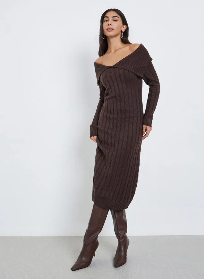 Styli Styli Brown Cable Knit Sweater Midi Dress
