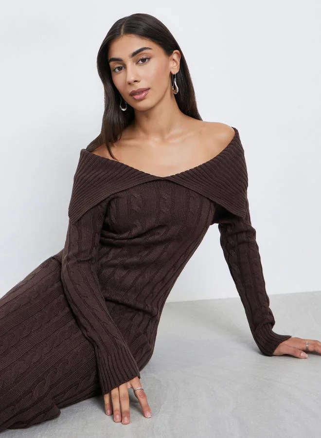 Styli Styli Brown Cable Knit Sweater Midi Dress