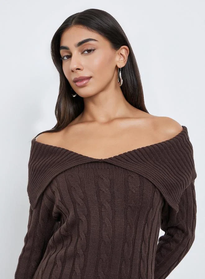 Styli Styli Brown Cable Knit Sweater Midi Dress