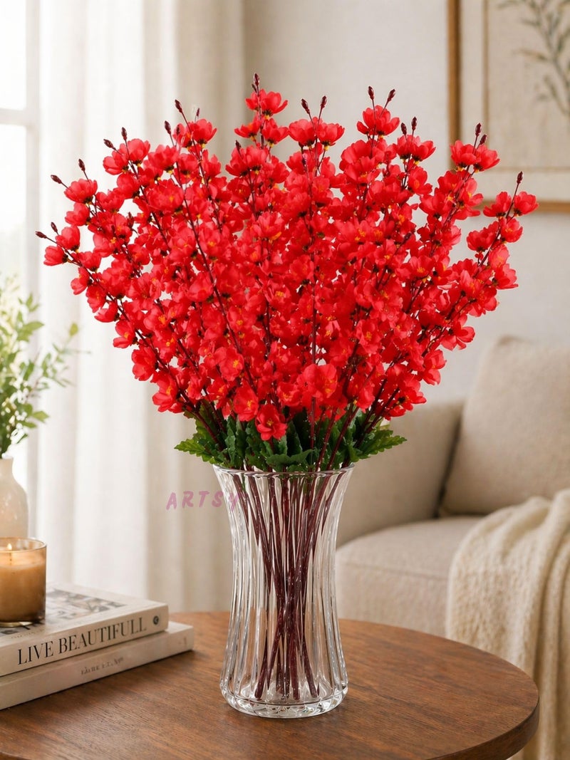 ARTSY® Artificial Flowers Bunch for Decoration Cherry Blossom, Ideal for vase, Home, Office Decor, Gifts, Craft, Artificial Plants for Decoration, Without vase, Red, Combo, 2 Piece, 55 cm Height | - Image 1
