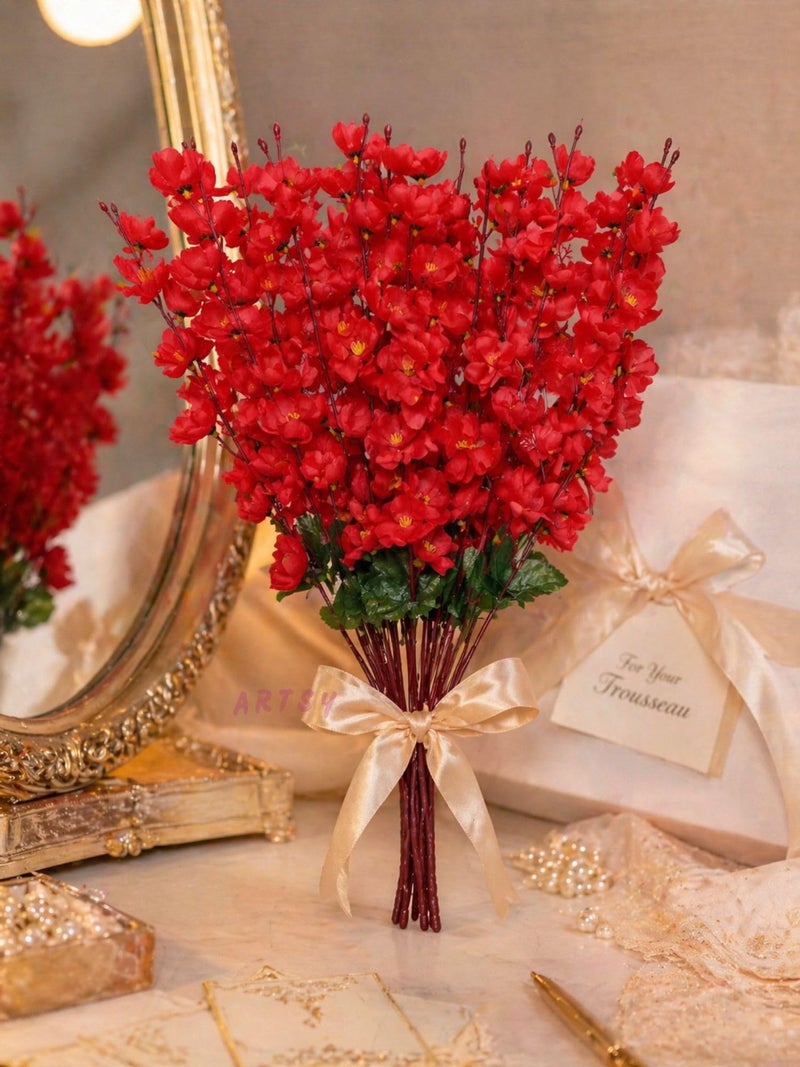 ARTSY® Artificial Flowers Bunch for Decoration Cherry Blossom, Ideal for vase, Home, Office Decor, Gifts, Craft, Artificial Plants for Decoration, Without vase, Red, Combo, 2 Piece, 55 cm Height | - Image 4